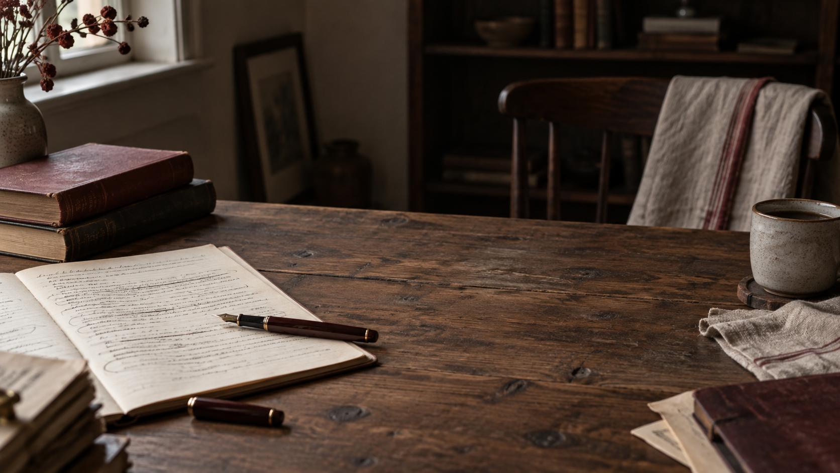 Writer reviewing a manuscript at her desk
